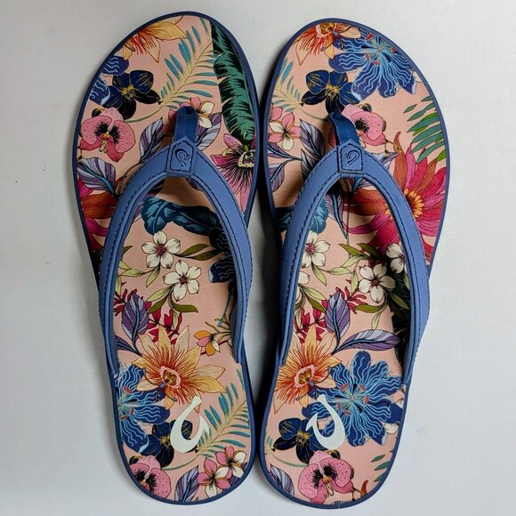 OluKai Puawe Flip Flops in Cloud Blue/Flower - Picture 1 of 15
